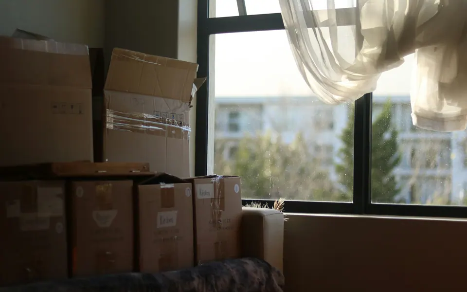 Packed moving boxes stacked by a window, ready for a move